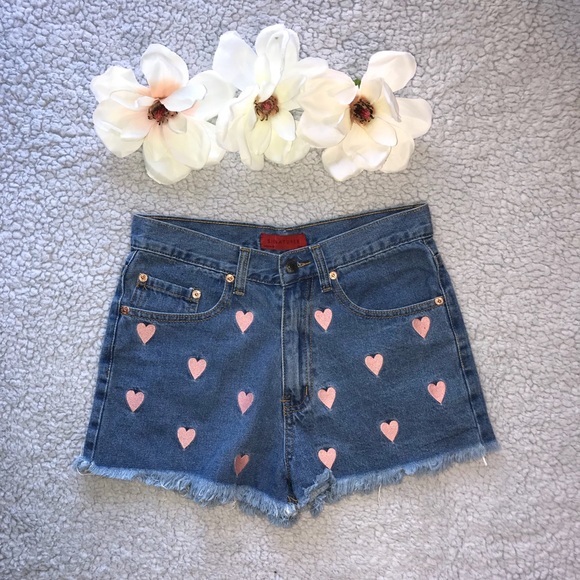 Pants - Embroidered High Waisted Jean Shorts